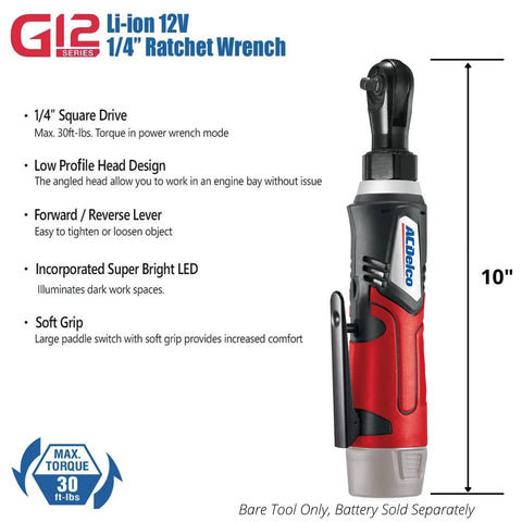Cordless Ratchet Wrench Combo Kit With Three Eighths Inch And Quarter Inch Heads Forty Five Foot Pounds And Thirty Foot Pounds Torque 240 RPM All In One Pro Grade Electric Ratchet Set Includes One Li Ion Battery And Charger Canvas Bag For Auto Repairs product image showing 1/4 inch ratchet wrench features and design.