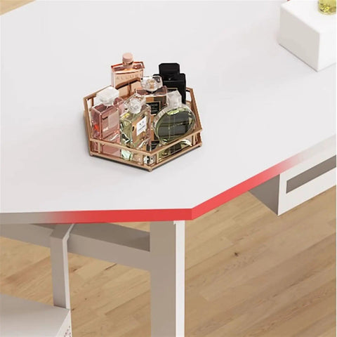Top Tier Gaming Workspace And Home Office Computer Desk With A Spacious White Desktop Pc Table and perfume display.