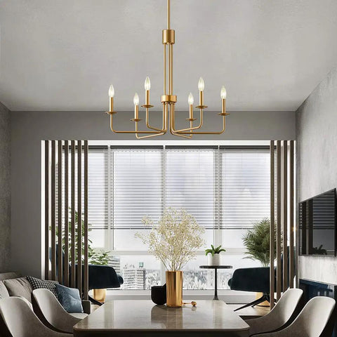 Shiny Gold 6 Light Candle Chandelier For Dining Room Living Room Kitchen And Foyer Over Table Ceiling Light Fixture 28 Inch E12 Bulb Compatible Modern Vintage Style That Really Pops Any Space in modern dining room.
