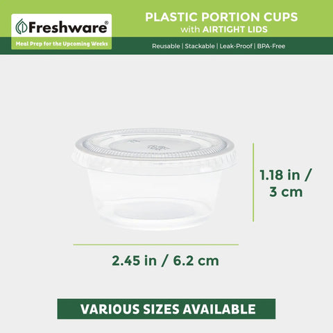 Heavy Duty 2 Oz Disposable Portion Cups With Airtight Lids Bulk 200 Piece Grab Bag shown side view with dimensions label.