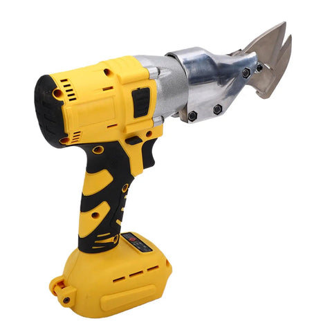 Jiawu Cordless Electric Metal Shears With 360 Degree Rotating Head, yellow and black design, battery powered sheet metal cutter.
