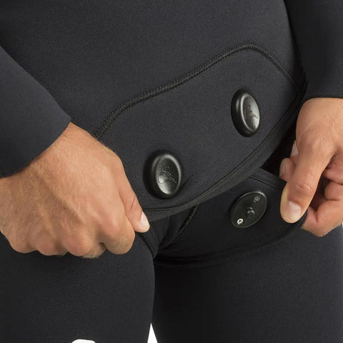 Close-up of fastening detail on 5mm Full Two-Piece Wetsuit For Spearfishing And Freediving In Black, XL, Soft Open-Cell Neoprene.