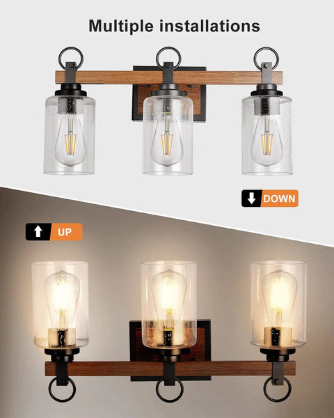 Farmhouse 3 Light Vanity Fixture With Seeded Glass Shades Black Rustic Wall Sconce for bathroom and bedroom, dual installations