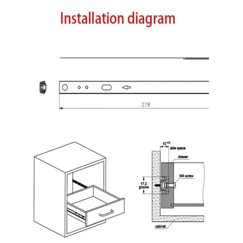 Installation diagram for Two Way Smooth Glide Drawer Slides 17mm Wide 8 To 17 Inch Length 2 Pack, showing setup steps.