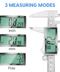 6 Inch Digital Caliper With Extra Large LCD Screen For Precision Measurement Stainless Steel Vernier Caliper showing inch, mm, frac modes