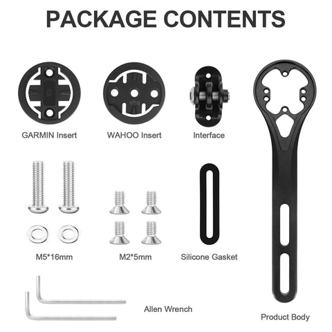 Package contents of Alloy Aero Integrated Out Front Handlebar Mount For Cyclists including inserts, screws, and Allen wrench.