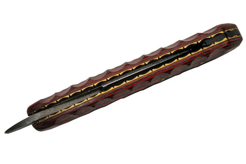 Badass Professional Damascus Steel Straight Razor Featuring A Rich Red Wood Handle Reinforced With Solid Brass Pins And A Thick Grooved Grip For A Clean Shave - top view showing blade and handle detail.