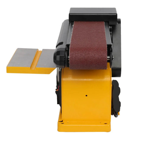 Zero Hassle Heavy Duty Two In One Combo Belt Disc Sander Kit For Wood Metal And Plastic Polishing side view showing sanding belt and metal disk.