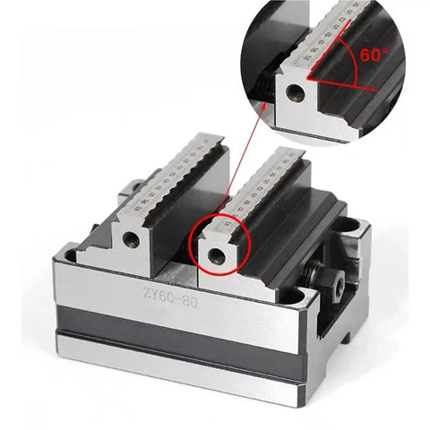 Top Shelf Self Centering Cnc Vise Four Turn Bench Fixture with 60° angle for precision clamping and flat nose jaws.