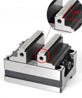 Pro Grade Self Centering Cnc Vise Featuring Four Turn Table Fixture And Concentric Flat Nose Jaws Killing It With Dead Tight Precision For Your Daily Machine Shop Grind close-up detail of jaws and 60-degree angle measurement.