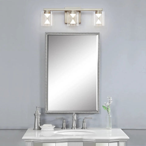 Modern bathroom with dimmable 3 light bathroom vanity light over mirror, adjustable LED fixtures, brushed nickel wall sconces.
