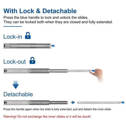 Illustration of using Beefy 32 Inch Heavy Duty Drawer Slide With Lock showing lock-in, lock-out, detachable modes with hand operating.