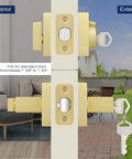 Three Pack Door Handleset With Single Cylinder Deadbolt In Satin Brass Reversible For Right Or Left Swing Square Keyed Deadbolt Lock Set For Entry Doors Easy Install And Smooth Operation For Modern Homes, door lock view from interior/exterior