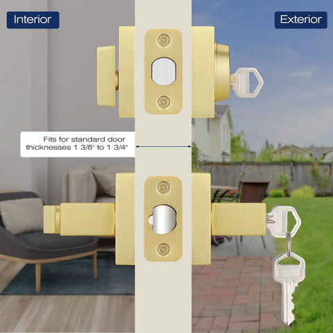 Three Pack Door Handleset With Single Cylinder Deadbolt In Satin Brass Reversible For Right Or Left Swing Square Keyed Deadbolt Lock Set For Entry Doors Easy Install And Smooth Operation For Modern Homes, door lock view from interior/exterior