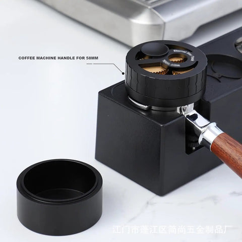 Top Tier 58 MM Espresso Distribution Tool With Ten Stainless Steel Coffee Distributor Needles For Bottomless Portafilters mounted on black base.