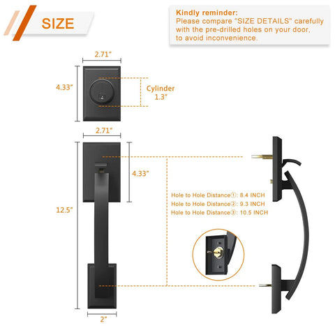 Matte Black Front Door Handle Set With Deadbolt And Lever, measurement details of heavy duty double door lock kit.