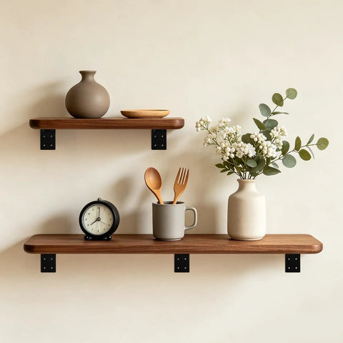 4 Pack 4x4x3 Inch Heavy Duty L Corner Brackets 3mm Thick Black Steel One Piece Molded Design used to support elegant wooden shelving.