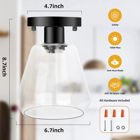 2 Pack Modern Industrial Semi Flush Mount Ceiling Lights With Clear Glass Shades In Matte Black dimensions shown