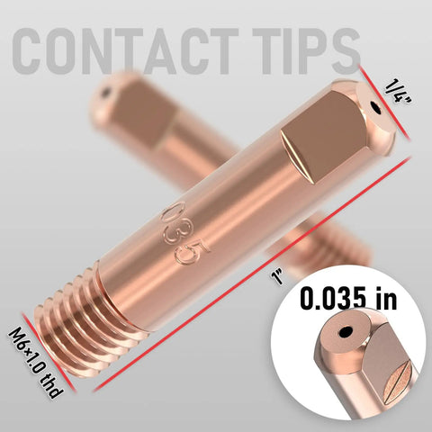 Close-up of Twenty Five Pack MIG Welding Contact Tips 000-068 0.035 Inch For Miller Millermatic with size details.