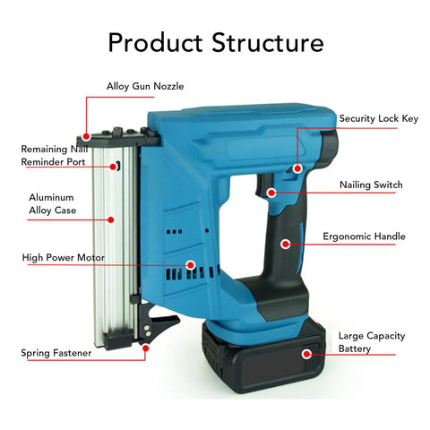 Heavy Duty Cordless Brad Nailer Battery Powered With 100 Nail Capacity Drives 10 To 30 Mm Straight Pins showing ergonomic handle and alloy case