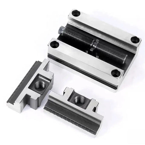 Pro Grade Self Centering Cnc Vise Featuring Four Turn Table Fixture And Concentric Flat Nose Jaws Killing It With Dead Tight Precision For Your Daily Machine Shop Grind, steel jaws and main body visible.