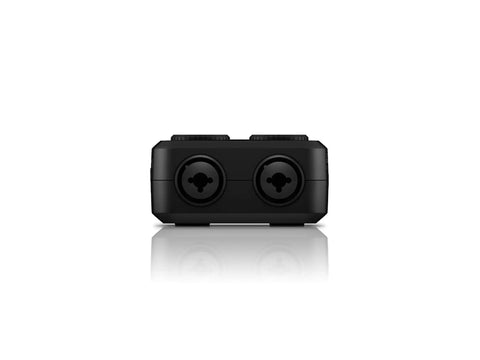 Front view of iRig Pro Duo IO USB Audio Interface Dual Channel 24 Bit with Neutrik combo mic inputs for recording