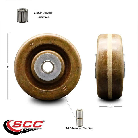 Heavy Duty Four Inch High Temperature Phenolic Wheel With Roller Bearing Half Inch Bore And Eight Hundred Pound Load Capacity For Industrial Carts Slick Smooth Operation Built Different For Heavy Lifting Straight Up, showing 4" wheel and roller bearing.