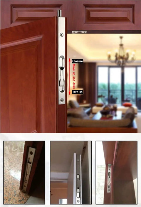 Legit Heavy Duty Double Door Flush Latches Slick Concealed Bolt Kit Brushed Silver Stainless Steel installed in a doorway.