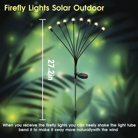 Solar Garden Lights Firefly String Set With Flexible Iron Wire, 8 LED Per Light shown standing against green foliage background.