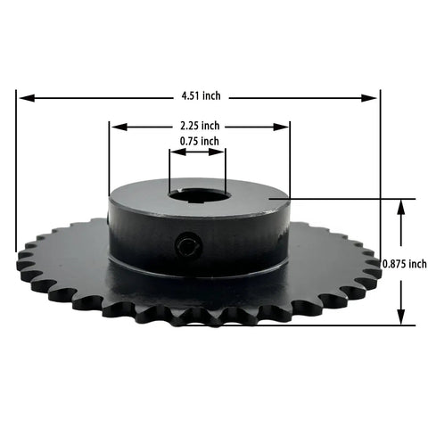 35B36 Type B Roller Chain Sprocket 36 Teeth Three Eighths Inch Pitch Three Quarter Inch Bore For ANSI 35 Chain Hardened 1045 Steel Anti Rust Drive Sprocket With Two Set Screws At 90 Degrees, side view showing dimensions.