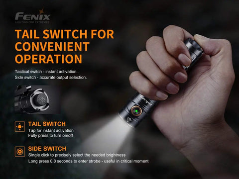 Hand holding EDC 1600 Lumen Rechargeable Flashlight with USB Charging, 4 inch torch showing tail switch for operation