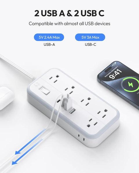 25 Foot Flat Extension Cord Power Strip With Ten Outlets And Four USB Ports Including Two USB C Ports Three Sided 3 Prong And 2 Prong Design Wall Mount Ready Overload Protection Surge Safe White with 2 USB-A and 2 USB-C ports