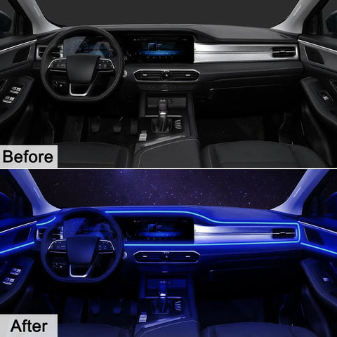 Before and after view of car dashboard with App Controlled Car Interior LED Strip Lights 5 In 1 RGB Color Kit installed