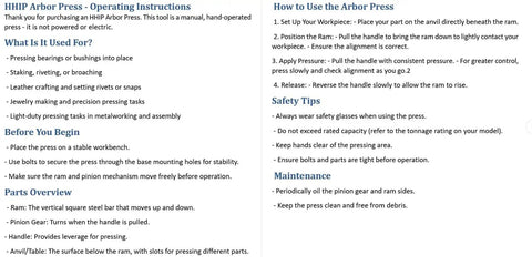 Instructions for the 2-Ton Heavy-Duty Arbor Press With Cast Iron Frame including usage and safety tips.