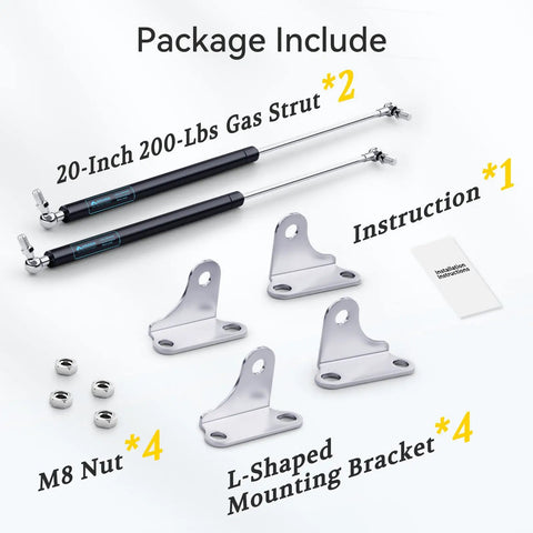 Twenty Inch Gas Struts 200 Pound Lift Force 2 Pack With Mounting Brackets Heavy Duty Gas Springs showing gas struts and mounting brackets.