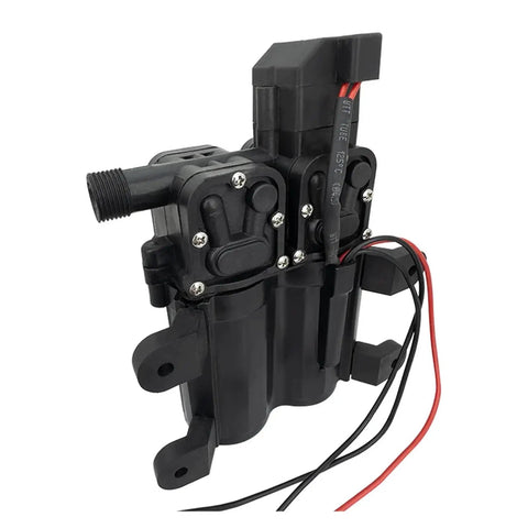 Automatic Electric Diaphragm Water Pressure Pump 8L Min 12V 120W Self Priming Switch Control side view with wires and connectors.