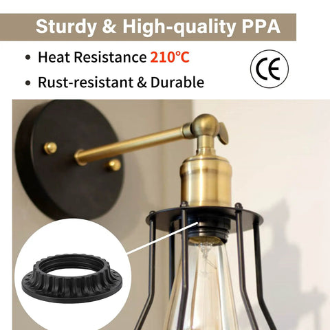 Black E26 Lamp Shade Collar Rings Set Threaded Reducer mounted on vintage socket lamp with heat-resistant PPA material.