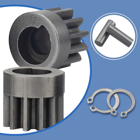 Heavy Duty Lawn Sweeper Wheel Drive Pinion Kit featuring left and right cogs, steel pins, and lock washers for repairs.