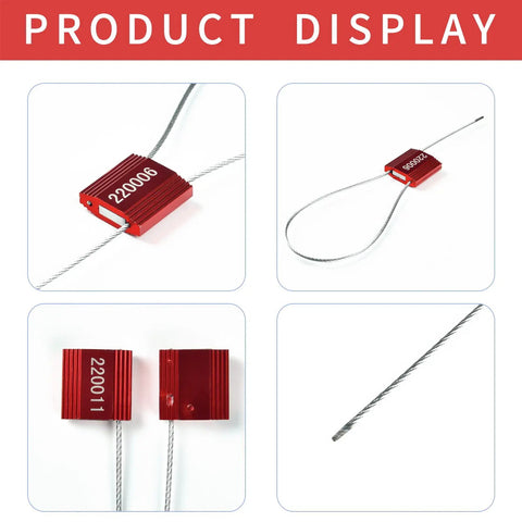 100 Heavy Duty Red Steel Cable Seals showing adjustable tight locks and numbered IDs for secure freight protection.