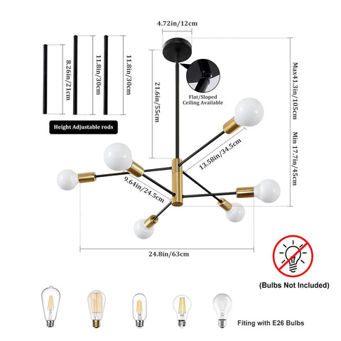 Dimensions and details of Sputnik Style 6 Light Modern Gold and Black Chandelier for Dining Room Living Room Kitchen or Bedroom