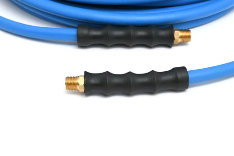 Close-up of Lightweight Half Inch 100 Foot Rubber Air Hose With 300 PSI, black grip and brass fittings, coiled blue hose