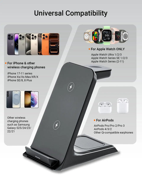 Wireless Charger For Thick 10mm Cases OtterBox Heavy Duty 3 In 1 Charging Dock showing compatibility with iPhone, Apple Watch, AirPods