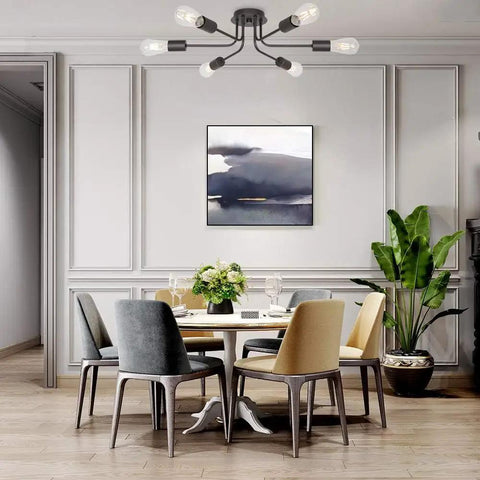 Six Light Sputnik Chandelier In Oil Rubbed Bronze Semi Flush Ceiling Light For Kitchen Dining Room Foyer with chairs