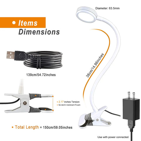 Top Shelf Clip On Reading Light With Bendy Gooseneck For Desks And Bed Rails, showcasing 2.17 inch clamp and 5 foot USB cord.