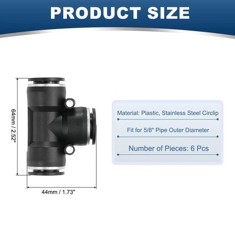 6 Pack Black Five Eighths Inch OD Push To Connect Tee Fittings Three Way Quick Lock Air Hose Adapters with dimensions and specs