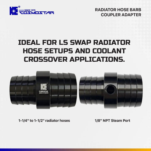 Universal LS Swap Radiator Hose Barb Coupler Adapter With One Eighth Inch NPT Steam Port For One And A Quarter To One And A Half Inch Hoses Aluminum Coolant Crossover Splice For Steam Vent Radiator Fitting, black, detailed view.