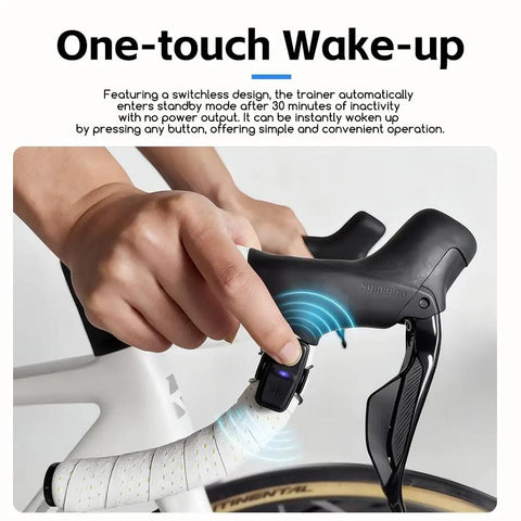 Hand pressing button on Cycling BLE Controller With Virtual Transmission And Virtual Cassette For Bike Trainers X2Max XXPRO.