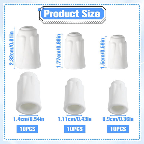 White high-temp ceramic wire nuts; 30 pcs in three sizes (10 each) shown in front/side views: large, medium, small.