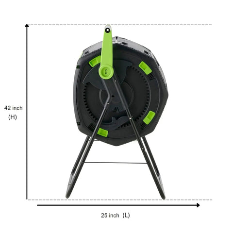 Front view of the 48 Gallon Geared Two Compartment Compost Tumbler Black Plastic Easy Turn Dual Chamber Backyard Compost Bin