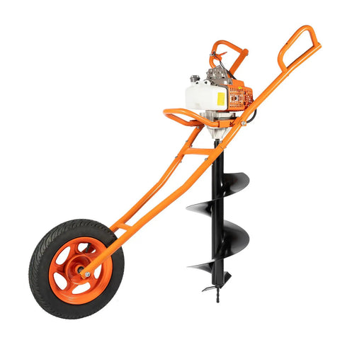 Gas Powered Post Hole Digger With Wheelbarrow Design, Workhorse Two-Stroke 3HP Engine, High Torque Earth Auger For Fence Posts